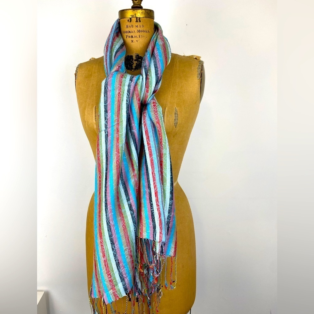 Striped Scarf with Fringe Ends, Striped Paisley Scarf / Wrap, Multicolored